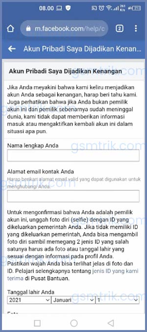 Buka Formulir Prmulihan Akun Facebook Dalam Kenangan