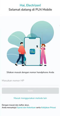 2. Buka aplikasi PLN Mobile masukkan nomor handphone dan klik kirim nantinya kalian disuruh untuk memasukkan kode verifikasi yang dikirimkan ke nomor yang dimasukkan di aplikasi PLN Mobile.