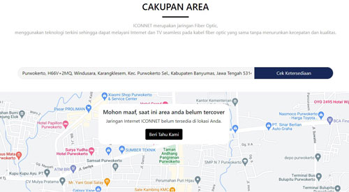 3. Jika sudah ketemu maka silahkan masukkan lokasi kalian dan klik Cek Ketersediaan untuk mengetahui apakah wilayahnya sudah tercover internet Iconnet PLN.