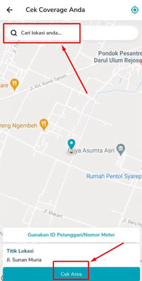 5. Masukkan nama lokasi atau wilayah rumah kalian di menu Cari Lokasi Anda setelah itu lihat bagian bawah dan klik Cek Area