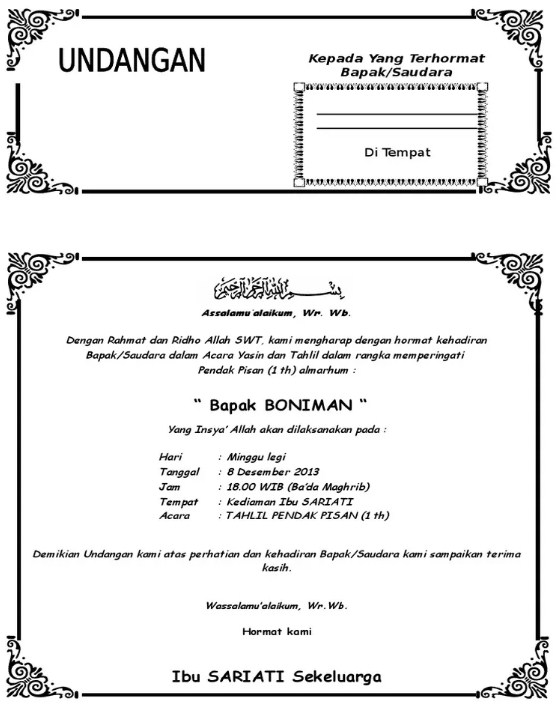 contoh undangan tahlil 1 tahun