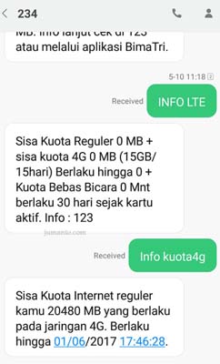 cek kuota tri lewat sms