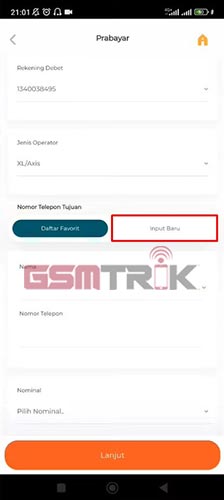 Cara Beli Pulsa di BNI Mobile Tap Bar Menu Input Baru